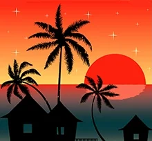 Palmeras al atardecer frente al mar · Palm trees at sunset by the sea